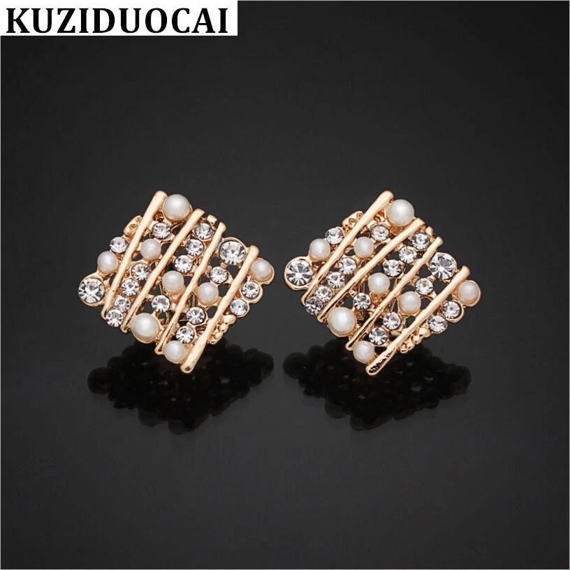 Kuziduocai New Fashion Jewelry Square Shape Pearl Zircon Hollow Gold Color Elegant Pendientes Stud Earrings For Women Gifts E-25