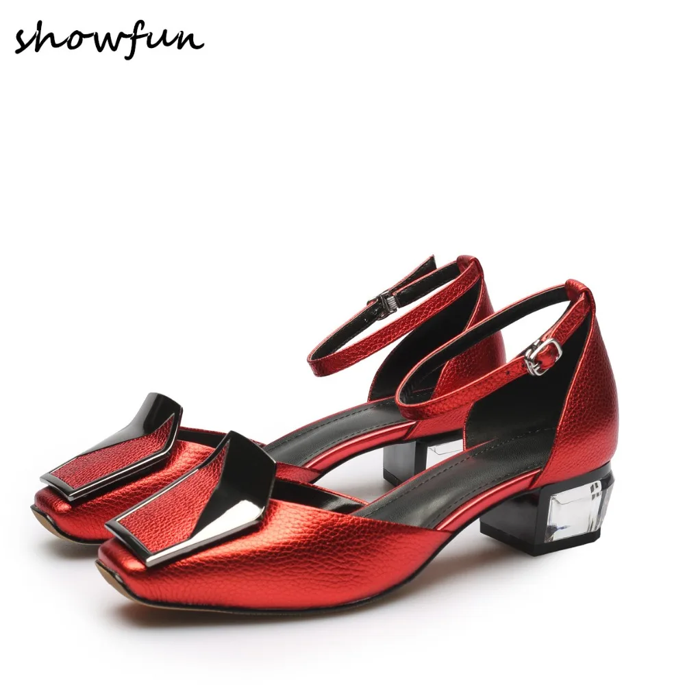

Women's genuine leather ankle strap med heel mary jane sandals brand designer big buckle crystal heel summer sandalias shoes hot
