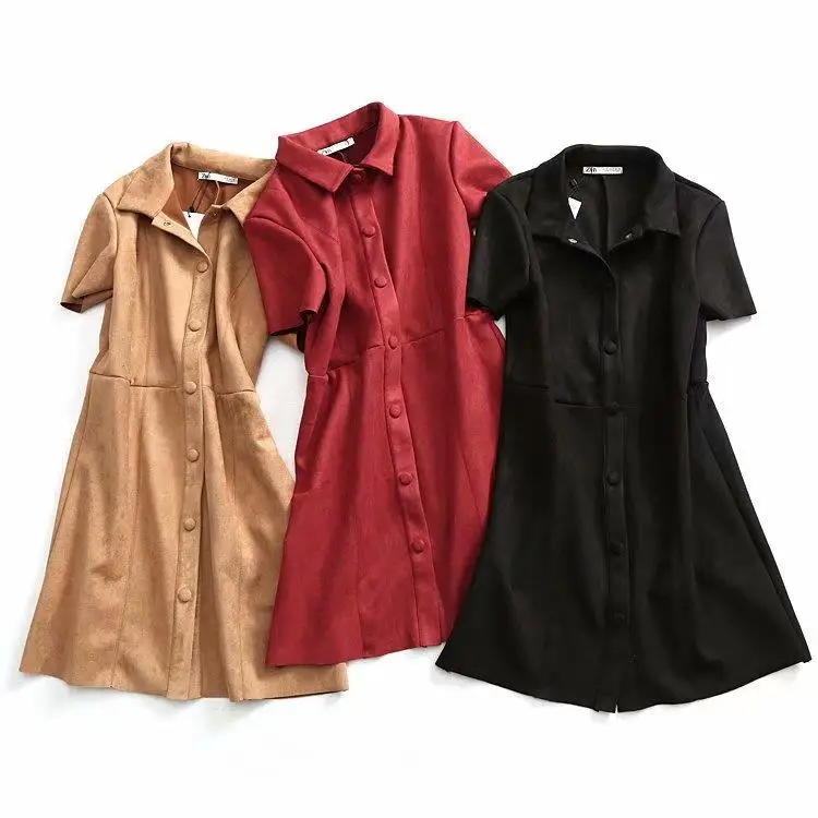 

2019 New Women Spring Autumn Faux Suede Leather Mini Dresses Lady Solid Black Short Sleeve Vintage Singe Breated Buttons Dress