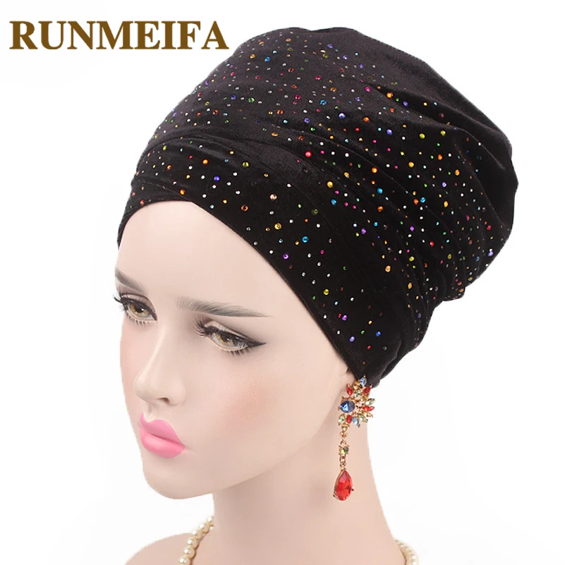 

New Arrival Muslim Headscarf Ruffle Solid Rhinestone Turban Fashion Beanies Velent Casual Head Wrap Mother Hat Free Shiping