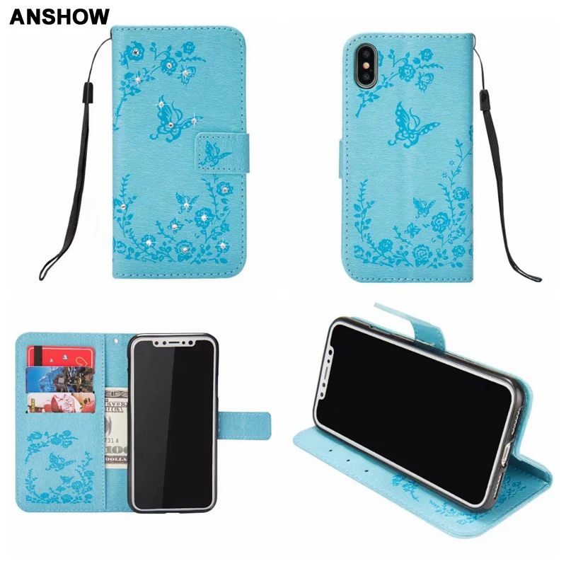 Flower Butterfly Bling Diamond Leather Wallet Case For Iphone X 8 7 6 6S Galaxy Note Card Slot Flip Cover Strap 50PCS |