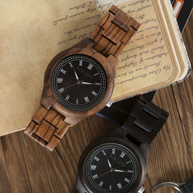 BOBO BIRD WO18O19 Wood Watch Ebony Zebra Wooden Watches for Men White Roman Number Quartz Watch with Tool for Adjusting Size