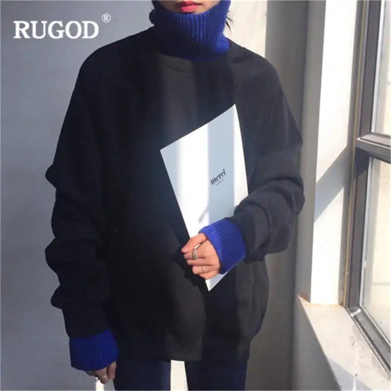 RUGOD модная водолазка женские толстовки с длинным рукавом Повседневные свободные пуловеры Женские однотонные Большие размеры женская одежда - Цвет: Черный