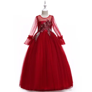 

LP-215 Girls Spring Autumn Winter Dress Flower Nail Pearl Princess Dresses Long Blossom flower Wedding Party Girl Dress