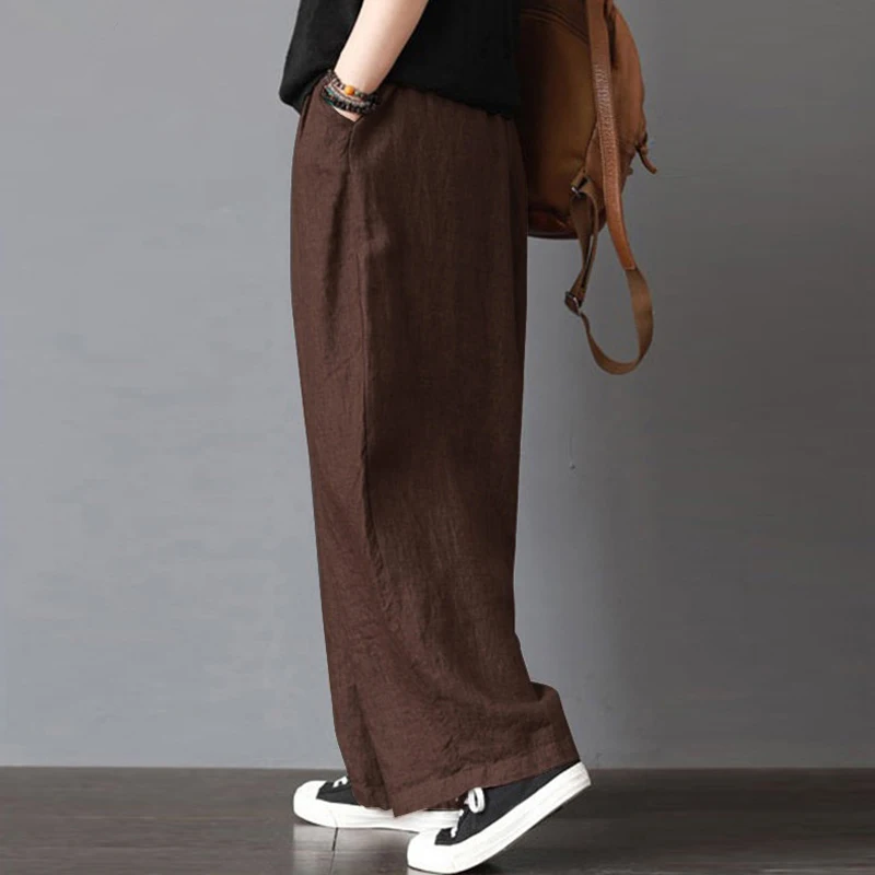 S-5XL Women New Loose Long Pants Cotton Linen Solid Wide Leg Pants With Pockets Ladies Casual Summer Autumn Baggy Trousers 2018