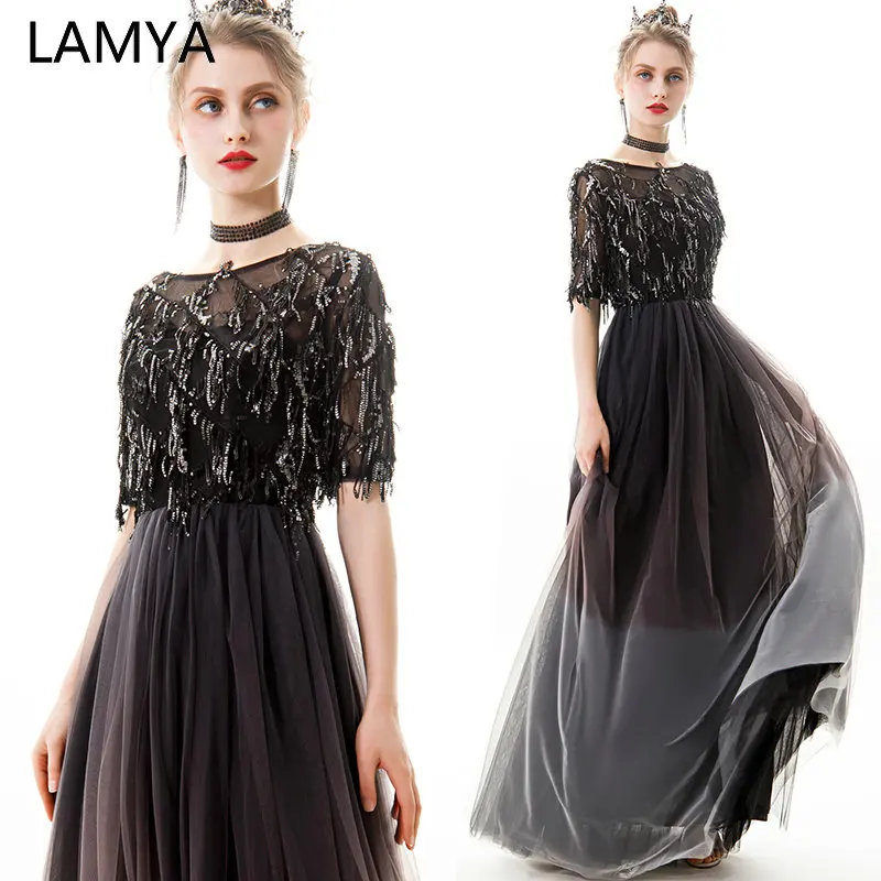 

LAMYA Sequined Tassel Evening Dresses Vintage Short Sleeve Formal Party Dress Black Gradient Color Prom Gown Robe De Soiree