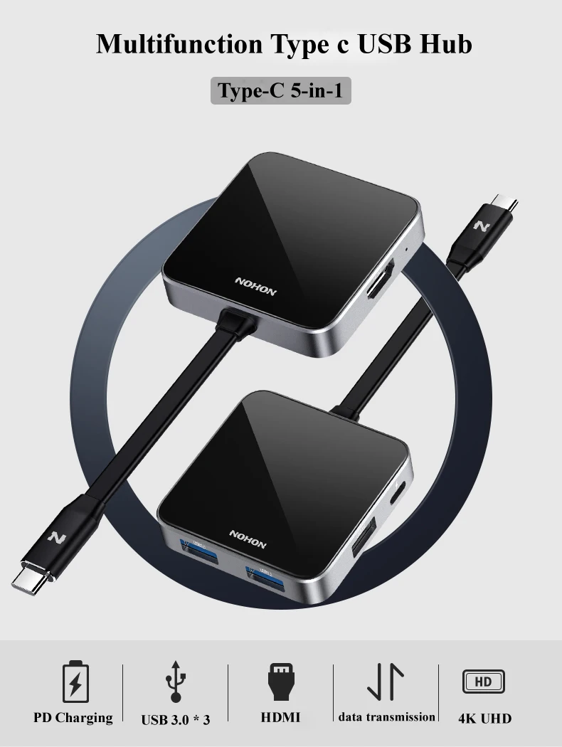 Nohon USB C HUB 3.0 HUB HDMI Thunderbolt 3 Adapter For MacBook Huawei P20 Pro Mate10 Samsung Galaxy S9 Note 9 Type C PD  USB HUB NH-HUB02 Details  (01)