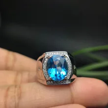 Настоящее и натуральное кольцо с голубым топазом, мужское кольцо,, серебро 925 пробы, 8*10 мм, драгоценный камень для мужчин, хорошее ювелирное изделие ручной работы