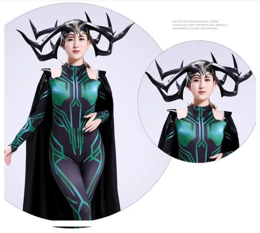 Thor Ragnarok Hela; карнавальный костюм; вечерние костюмы супергероя на Хэллоуин; Zentai; комбинезон для взрослых с накидкой и головным убором