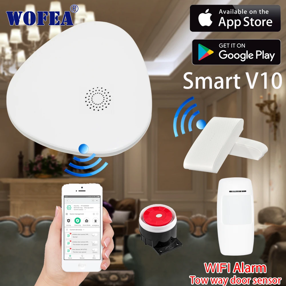 WOFEA Smart V10 wifi домашняя система охранной сигнализации с двухсторонним дверным датчиком с открытым и закрытым уведомлением о сообщениях управление приложением