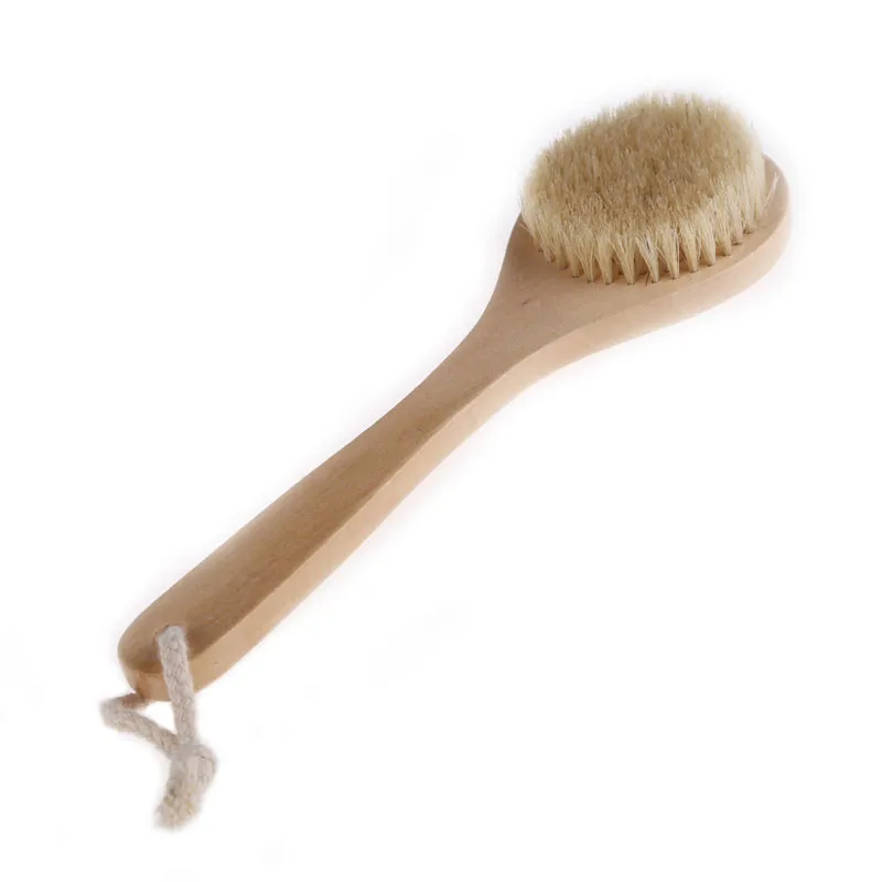 Natural Bristle Middle Long Handle Wooden Shower Body Bath Brush Round