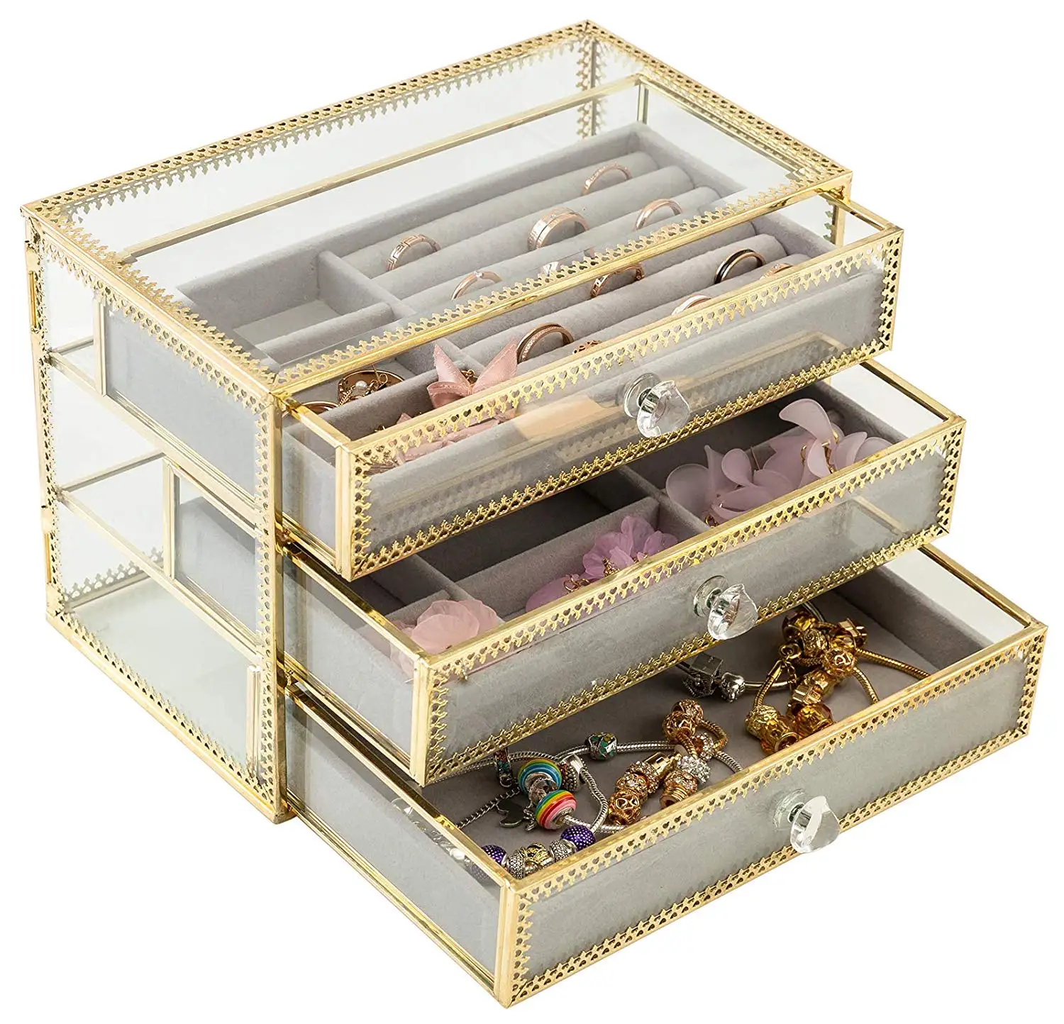 Jewelry Box Decorative Glass Metal Lace Jewelry Organizer Storage Boxes with Jewelry Display Tray for Earrings Rings Necklaces