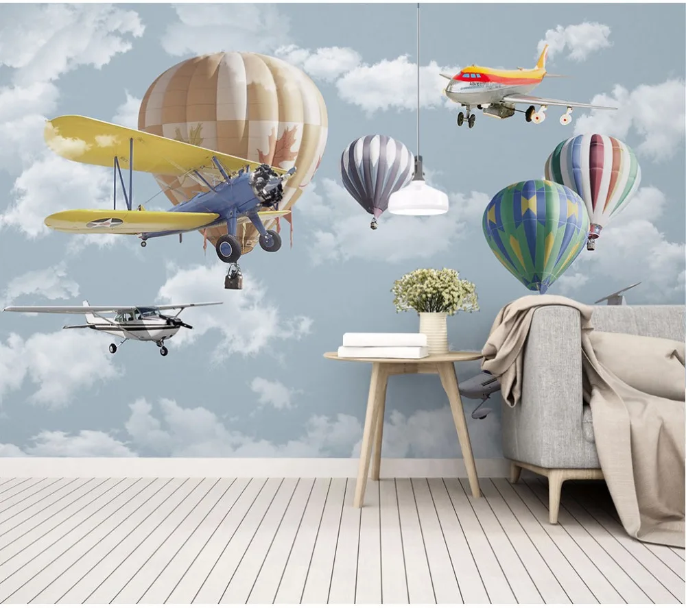 Bacaz Blue Cloud Airplane Fire Balloon 3d Cartoon Wallpaper Mural for Baby  Room 3d Cartoon Mural Wall paper Wall Stickers Decor|Wallpapers| -  AliExpress