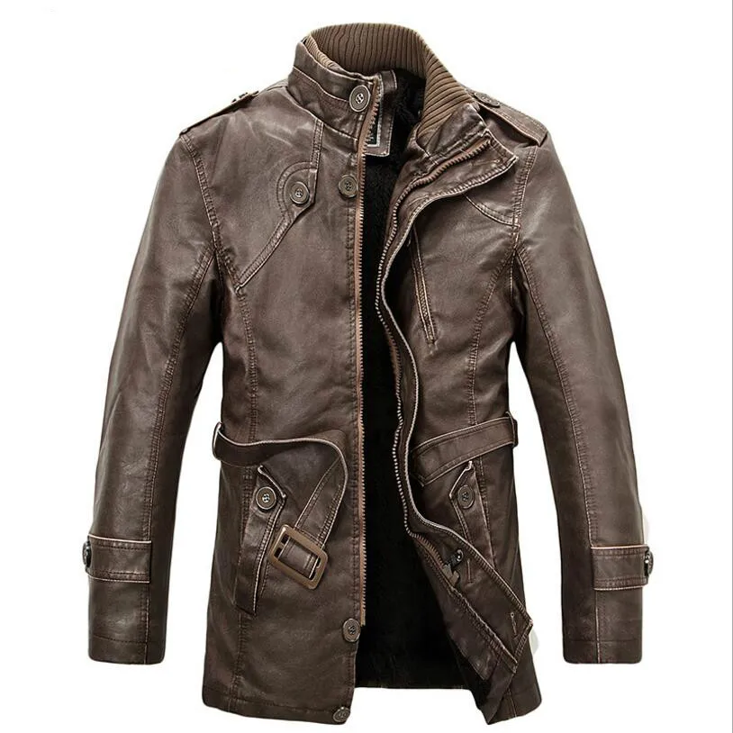Мужские зимние теплые кожаные куртки, верхняя одежда, повседневные кожаные пуховики, мужские Модные Длинные Куртки из искусственной кожи, пальто, Размер 4XL - Цвет: Brown