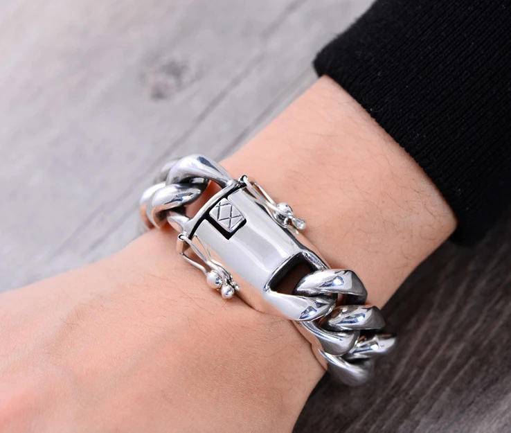 210g 2cm Solid 925 Sterling Silver Men's link Biker Heavy Wide bracelet  bangle A1565