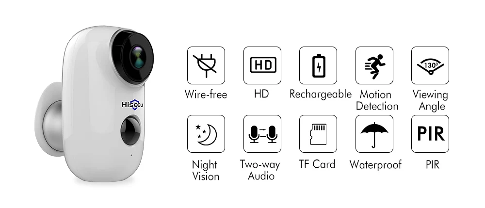 Hiseeu C10 Беспроводная ip-камера, перезаряжаемая батарея, CCTV камера безопасности, PIR водонепроницаемый датчик движения, приложение для просмотра безопасности