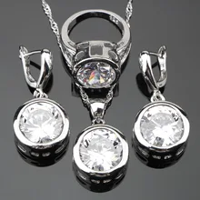 Круглые серебряные 925 чистые белые камни, ювелирные наборы для свадебных украшений, женские серьги, кольца, кулон, ожерелье, набор, подарочная коробка