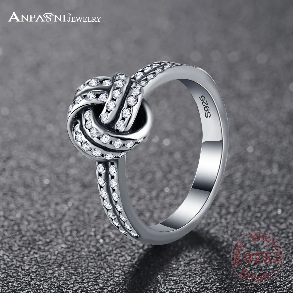 

ANFASNI 925 Sterling Silver Sparkling Love Knot Finger Classic Ring For Women Wedding Original Fine Jewelry PSRI0085-B