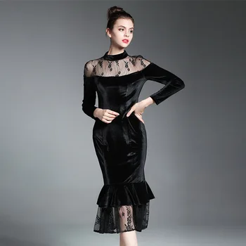 

Dress Women Fashion Long Sleeve Sexy Velvet Lace Perspective Patchwork Ruffles Dress Autumn Slim Mid-Calf Party Night Dresses