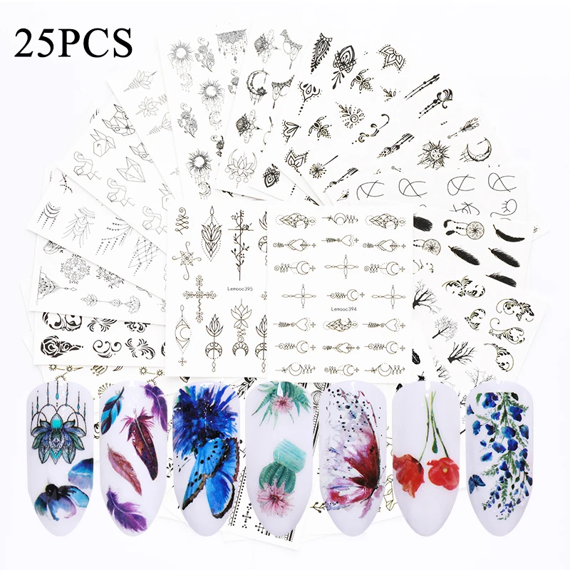 set 12 25pcs 1 Набор, смешанный дизайн, набор наклеек для ногтей, Черное кружево, золотой, серебряный блеск, цветок, водная наклейка, слайдер, обертывания, украшения для ногтей - Цвет: set 12 25pcs
