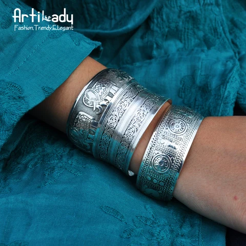Artilady boho antic silver plated cuff copper bangle bohemia antalya carve pattern Statement bangle