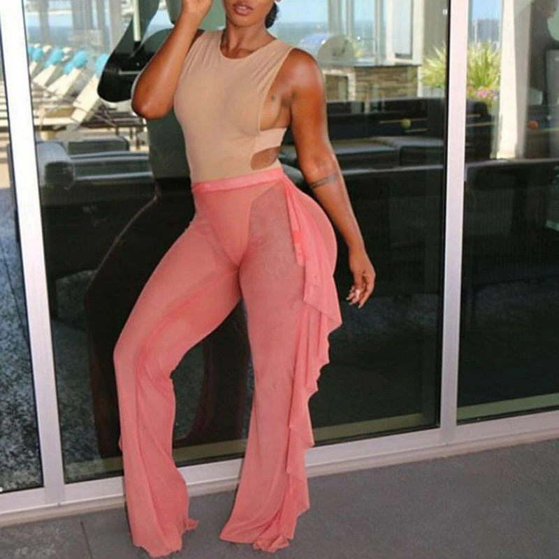 Новые Сексуальные гофрированные женские пляжные брюки в сеточку прозрачные широкие брюки прозрачные морские каникулы накидка бикини брюки - Цвет: as picture shows