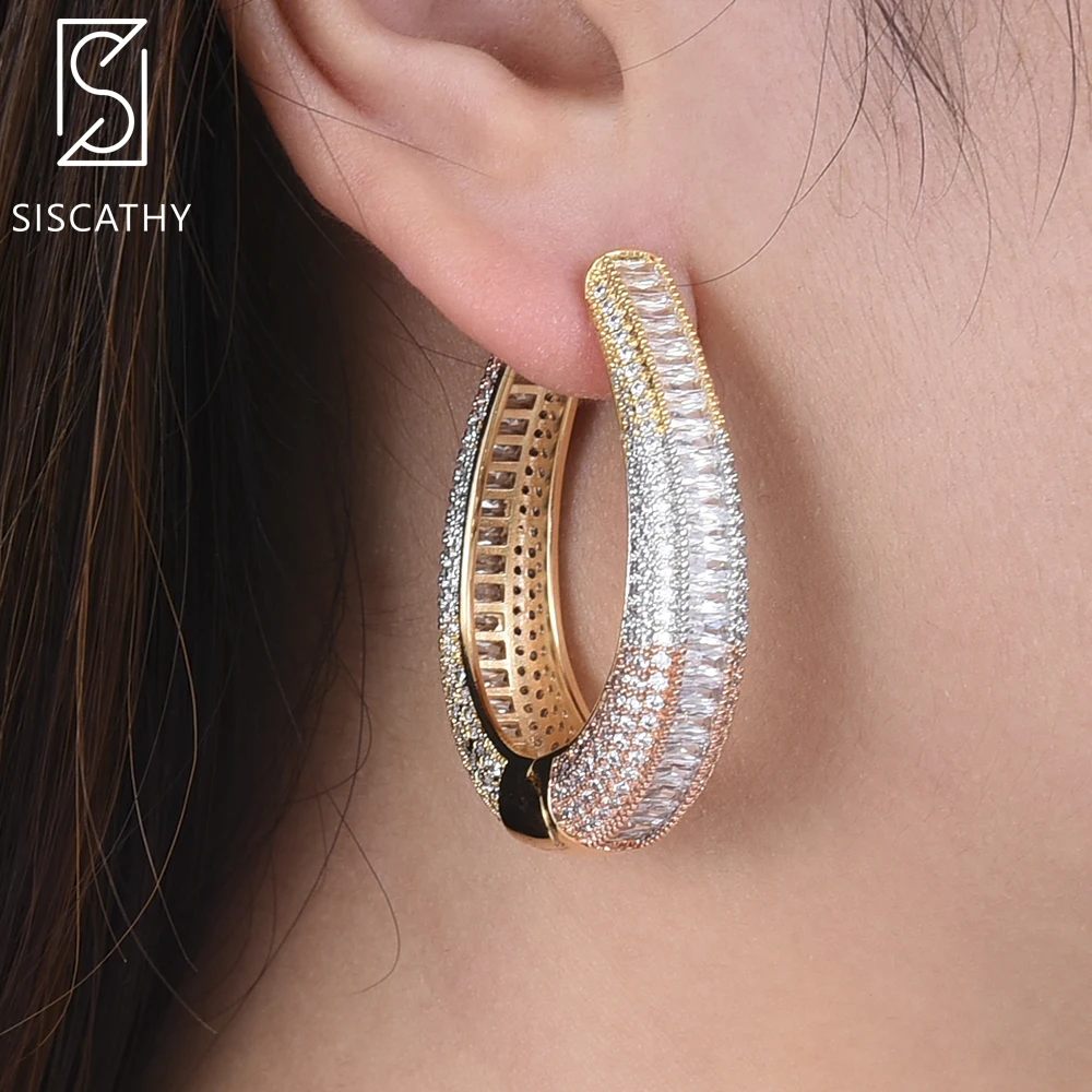 

35*43 mm Deluxe Geometric Oval Big Hoop Earrings AAA Cubic Zirconia Nigerian Wedding Jewelry Earrings For Women Girls Engagement