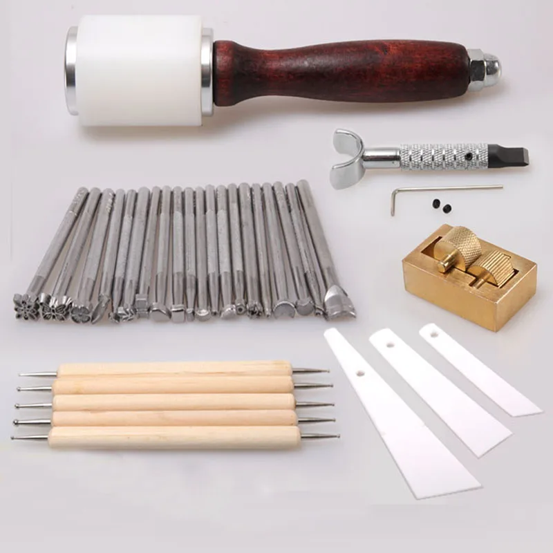 31pcs/set Manual Leather Carving Stamp Hammer Embossing Beveler Oil