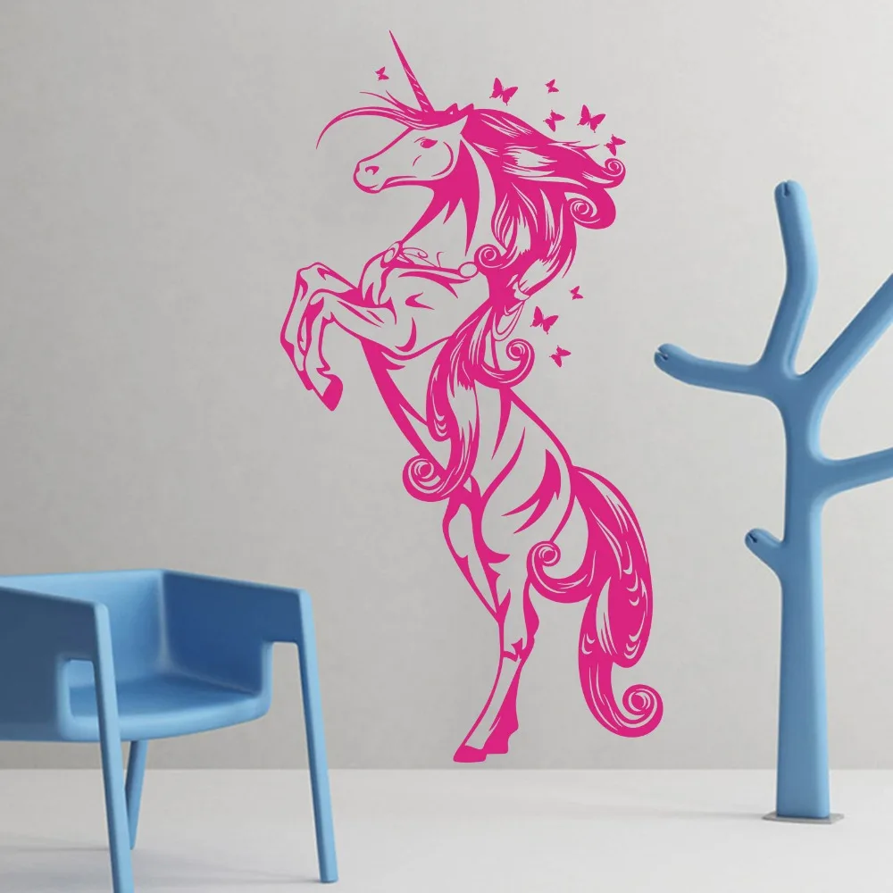 Cartoon Large Unicorn Horse Butterflies Wall Sticker Baby Nursery Kids Room Unicorn Horse Animal Pet Wall Decal Bedroom Vinyl  (2)