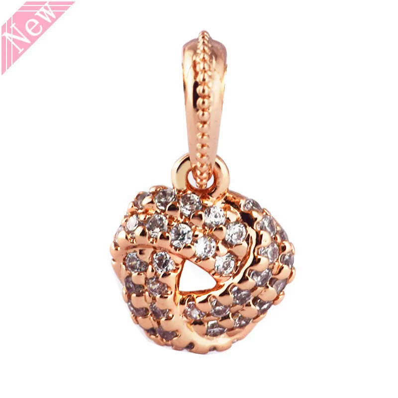 Сверкающий любовный Узел Подвеска Шарм бусины для женщин ювелирные изделия с 14ct розовое золото прозрачный CZ DIY Fit PANDORA Подвески FL380R