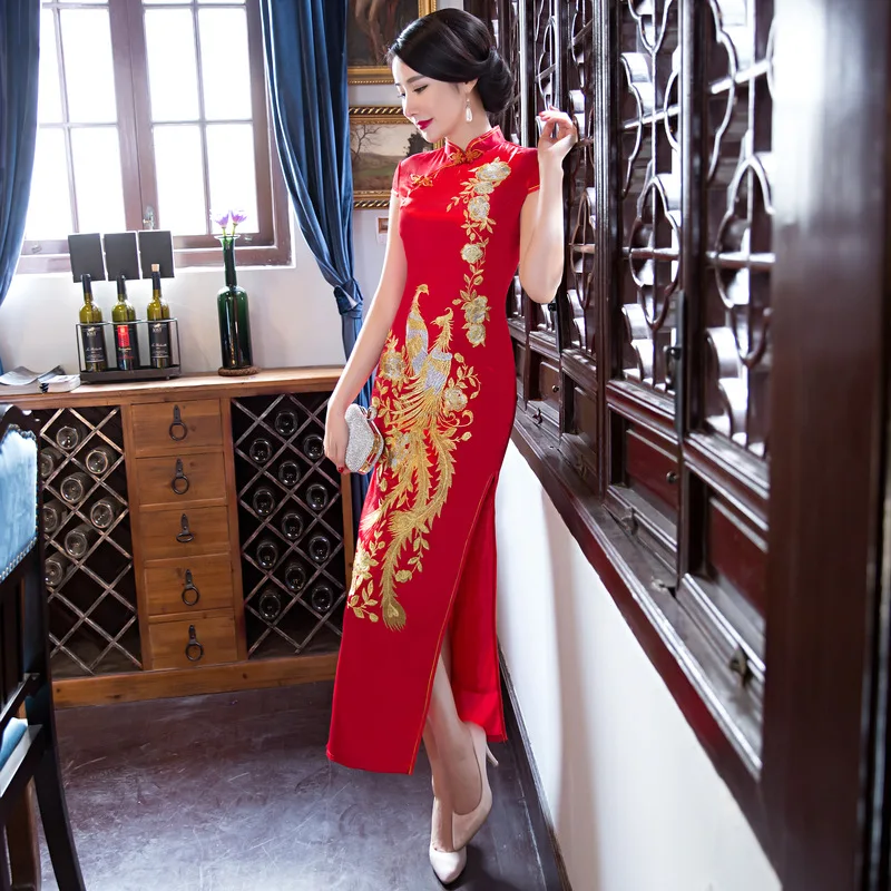 

Vestido De Festa Longo Elegant Red Phoenix Silk Evening Dress Floral Embroidered Formal Party Dress With Split Abendkleider 2019