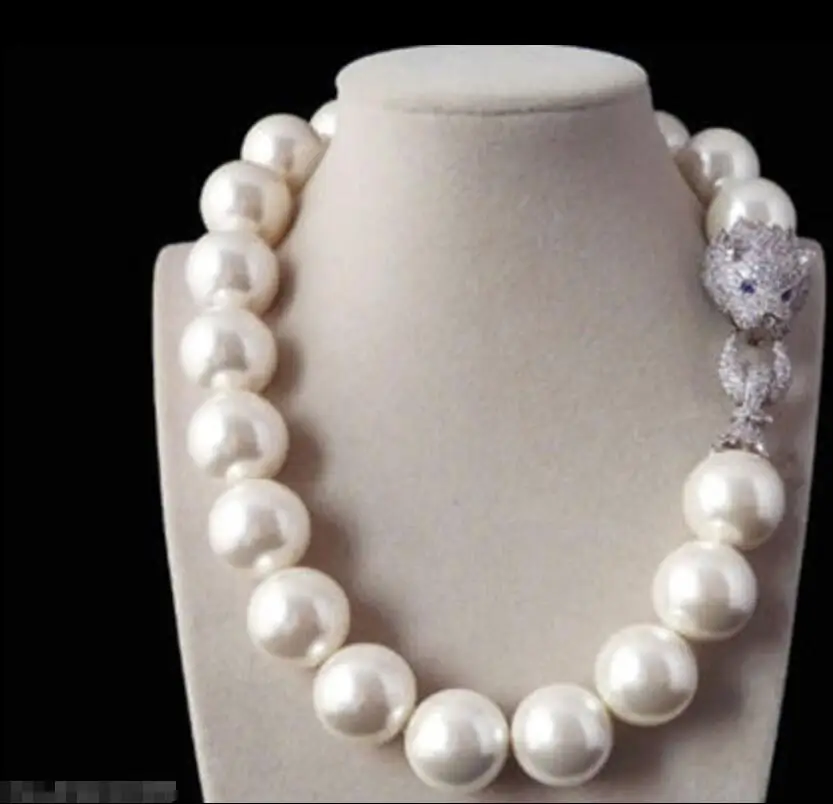 

Hot sale new Style >>>>>Rare 18mm White Shell Pearl Necklace Belt White Leopard Head CZ Clasp