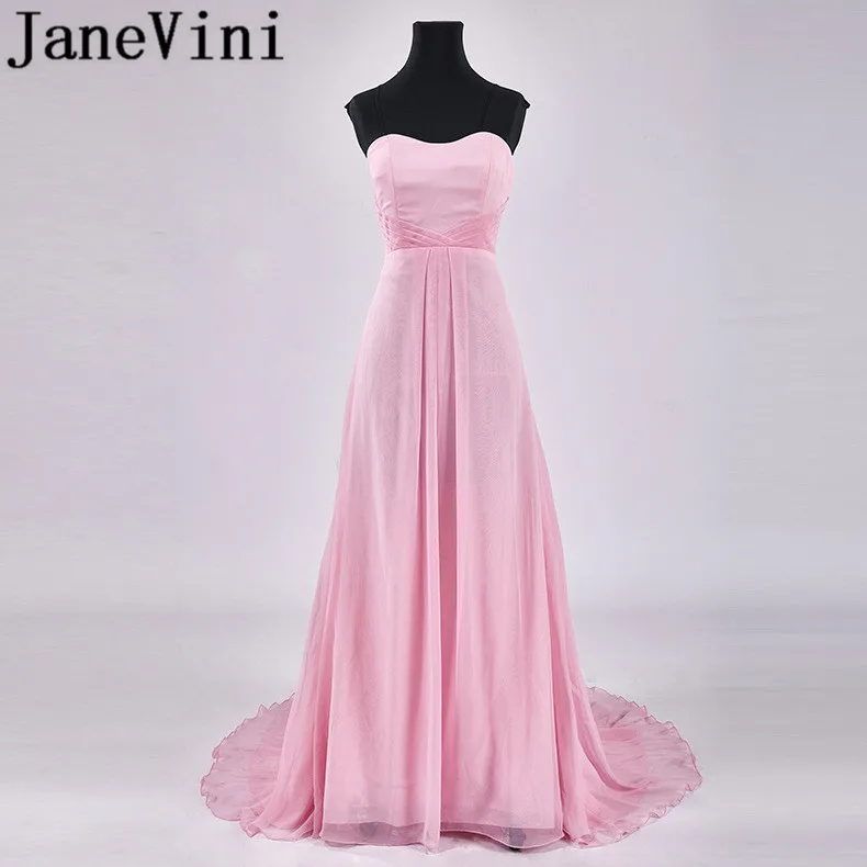 

JaneVini Simple Long Bridesmaid Dresses A Line Strapless Pleats Backless Sweep Train 2018 Long Chiffon Pink Prom Dress Plus Size