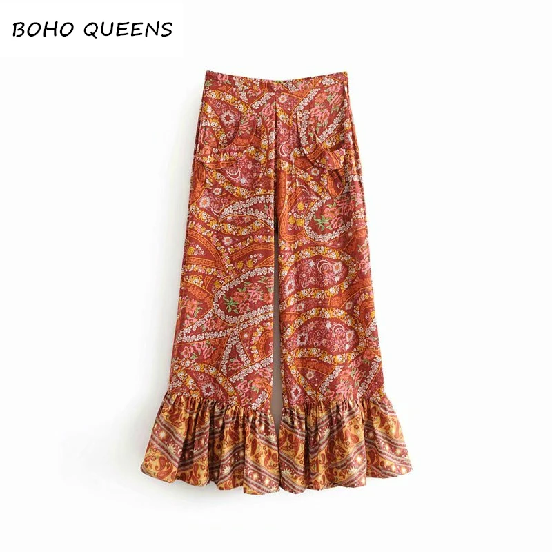 

Vintage Chic elegant women bohemian floral print flare pants ladies casual loose rayon Boho pants oversize
