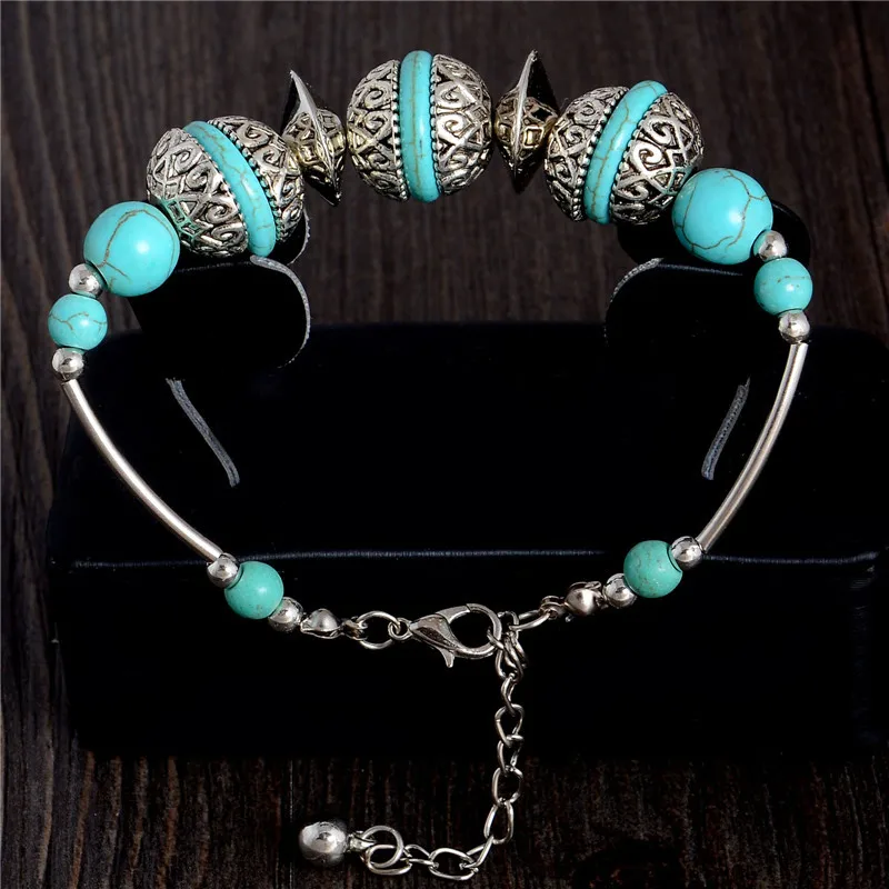 

QCOOLJLY New Sale 1pc Hot Fashion Bohemian Alluring Lady Woman Girl Silver Color Green Natural Stone Bracelet