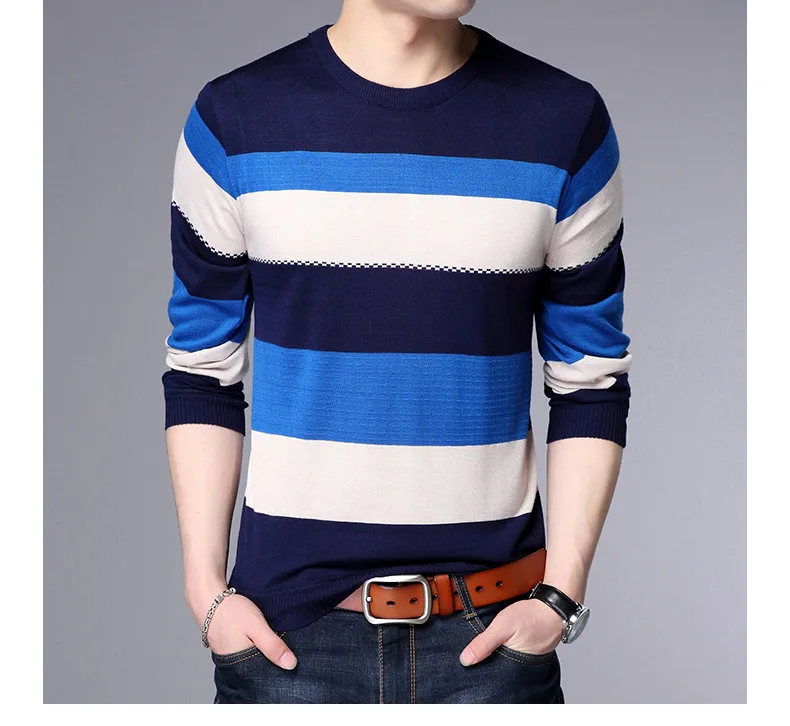 Riinr мужской свитер, брендовая одежда, Осенние мужские свитера, повседневный Полосатый пуловер с круглым вырезом, мужская рубашка размера плюс