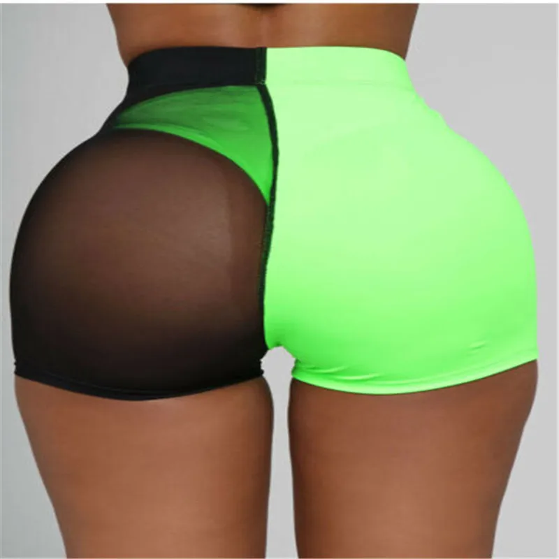 Стильные женские сетчатые шорты с высокой талией, летние облегающие шорты для бега, повседневные спортивные шорты для фитнеса, зеленые, черные обтягивающие шорты в стиле пэчворк