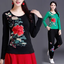classic Spring autumn chinese style embroidered women print long-sleeve T-shirt female national trend tops plus size