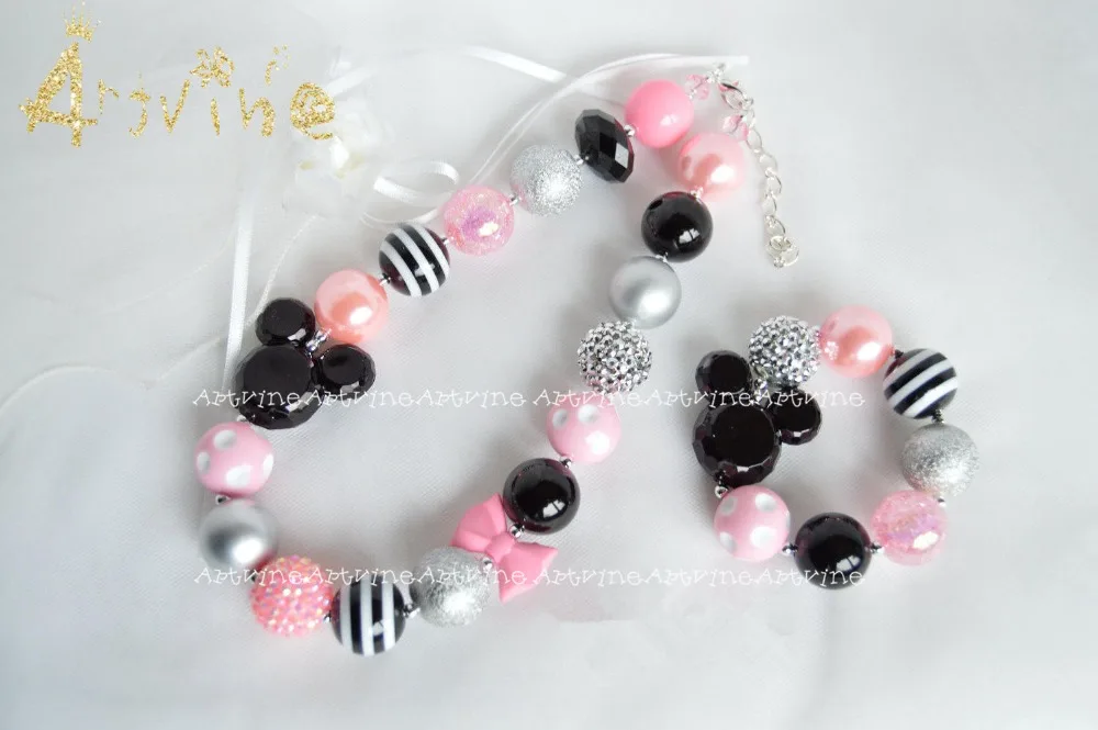 

Artvine Pink Silver Minnie mouse neckalces Bubblegum Necklace chunky Bubblegum Girl Necklace&Headbband CT3