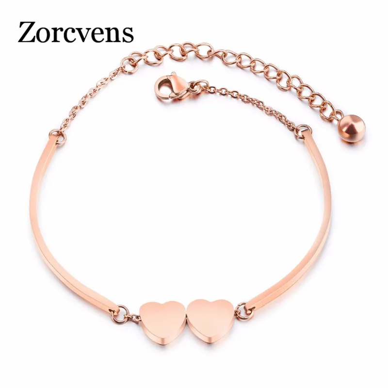 

ZORCVENS 2019 New Fashion Rose Gold Color Stainless Steel Double Heart Bracelet for Women