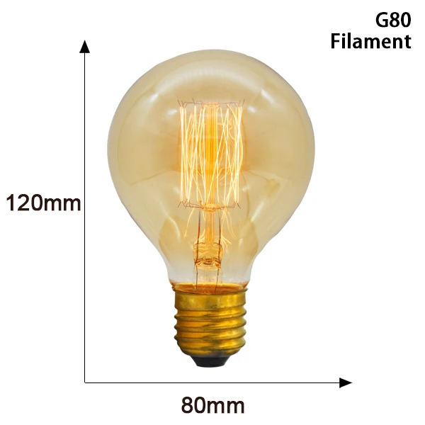 Винтажный светильник, лампочка эдисона, лампа Эдисона 40 Вт, 220 В, ST64, T45, G80, G95, G125, ампульная нить, E27, светильник, лампочка, ретро ампула - Цвет: G80 Filament