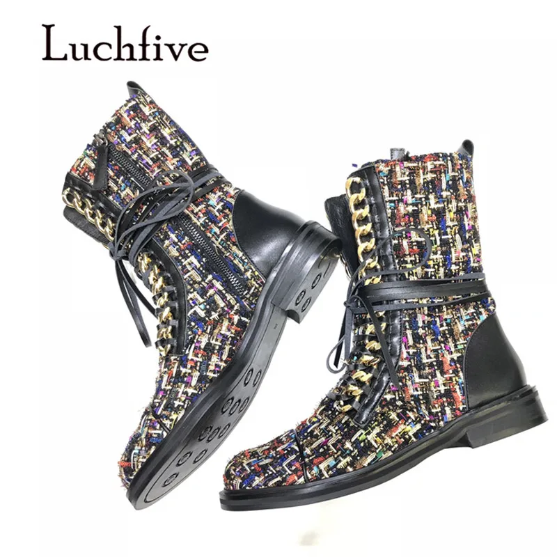 

2018 Chic Woollen Ankle Boots Woman Round Toe Chain Mixed Color Non-slip Thick Bottom Fashion Motorcycle Boots For Women