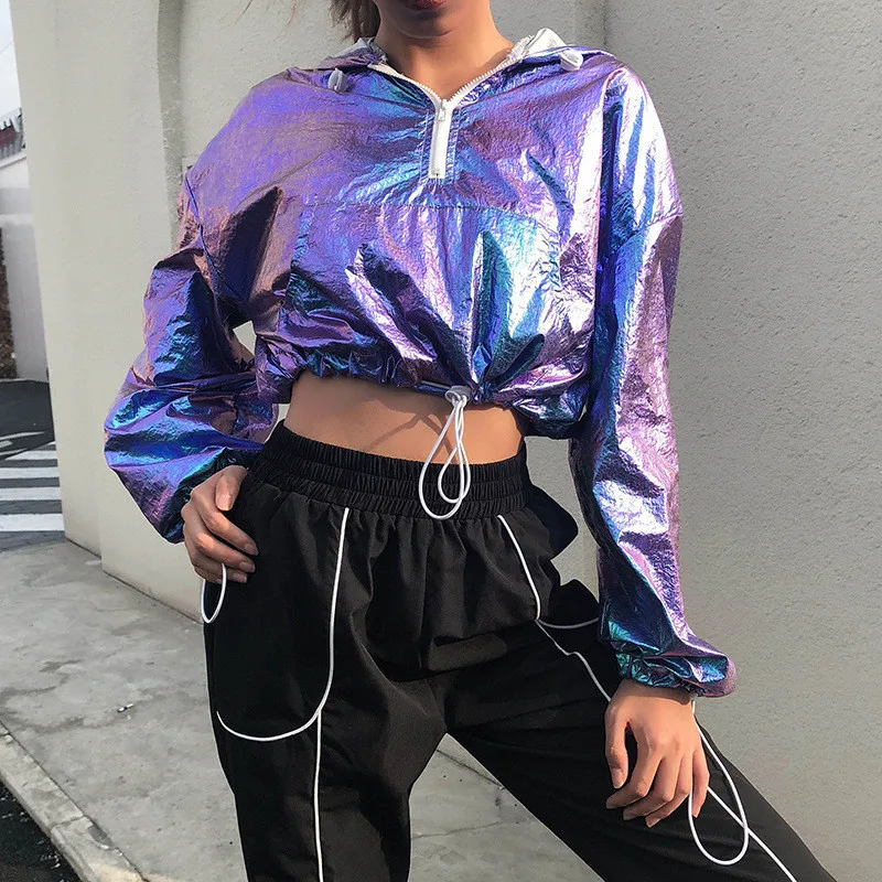 

Shiny Laser Hooded Sweatshirts Women Crop Tops Fashion Long Sleeve Drawstring Jacket Cool Hiphop Sexy Casual Hoodies Streetwear