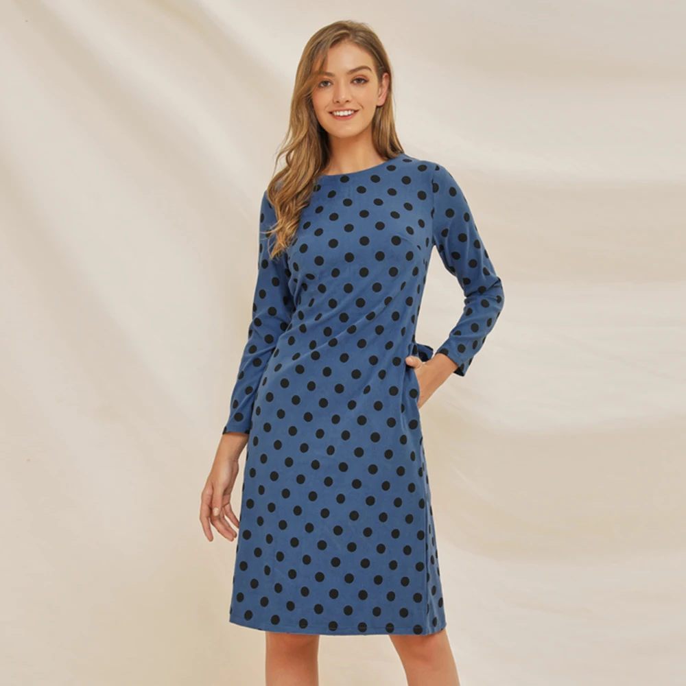 

Women office dress Casual Slim Printed pocket Round Neck Long Sleeve Dress Knee-length ladies business elegant polka dot dresses
