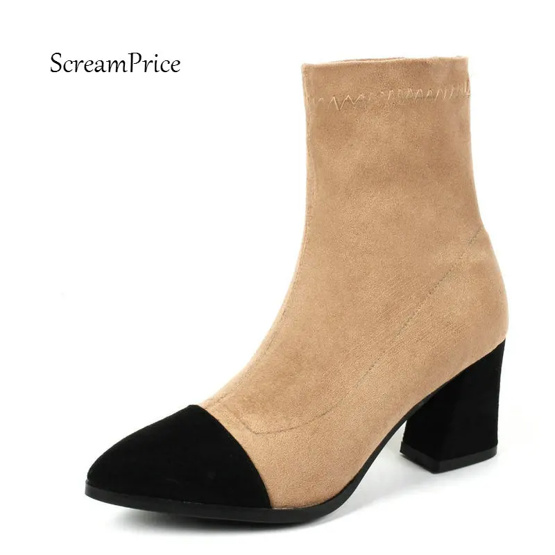 

Ladies Suede Thick High Heel Ankle Boots Fashion Slip On Pointed Toe Mixed Colors Women Fall Winter Bootie Gray Apricot