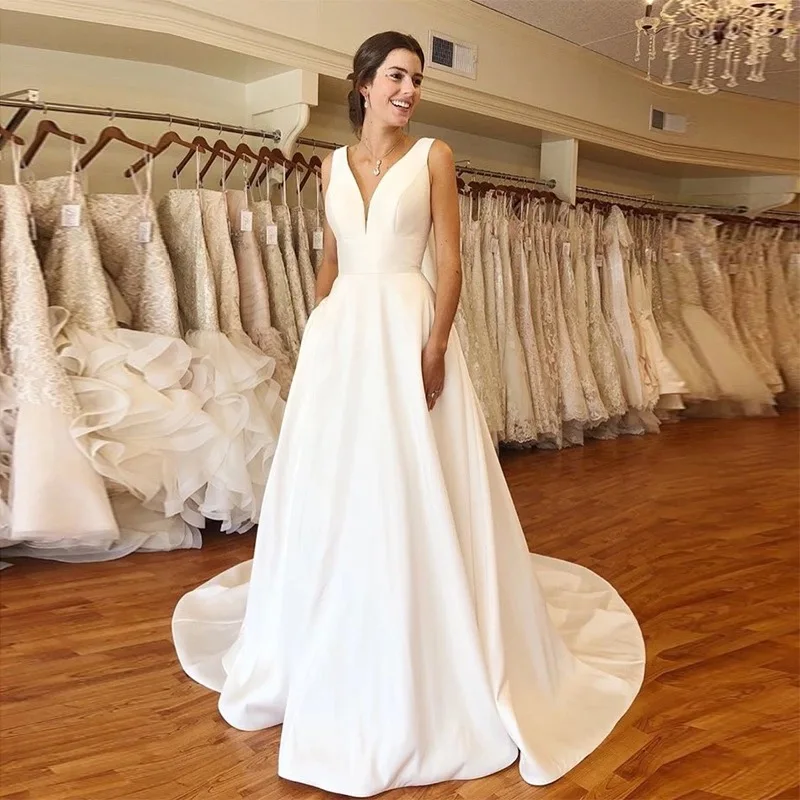 

Cinderella V-Neck Sleeveless Sweep Train Zipper Back Satin Wedding Dresses Simple Style Deep V-Neck Bridal Wedding Gown