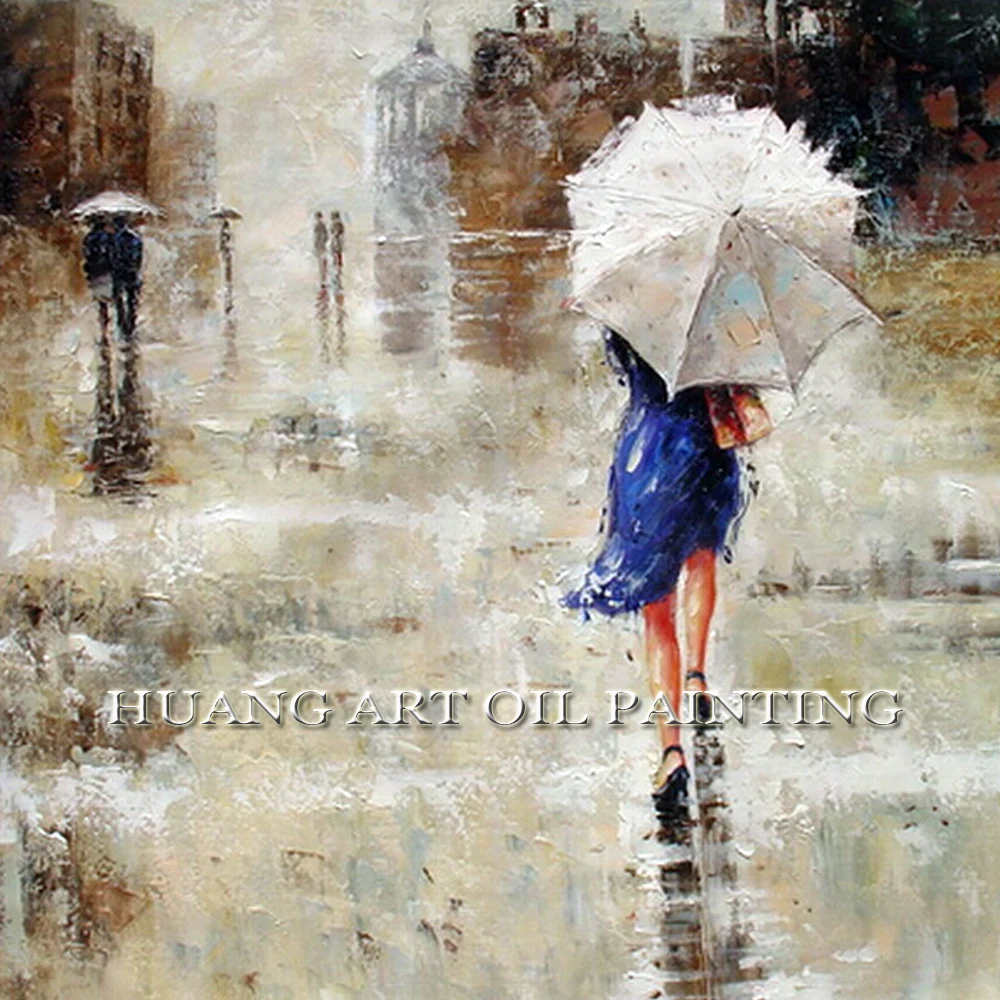 Handmade Oil Painting Abstract Landscape Paintings on Canvas for Room Decor Blue Skirt Woman Hold Umbrella at Street | Дом и сад