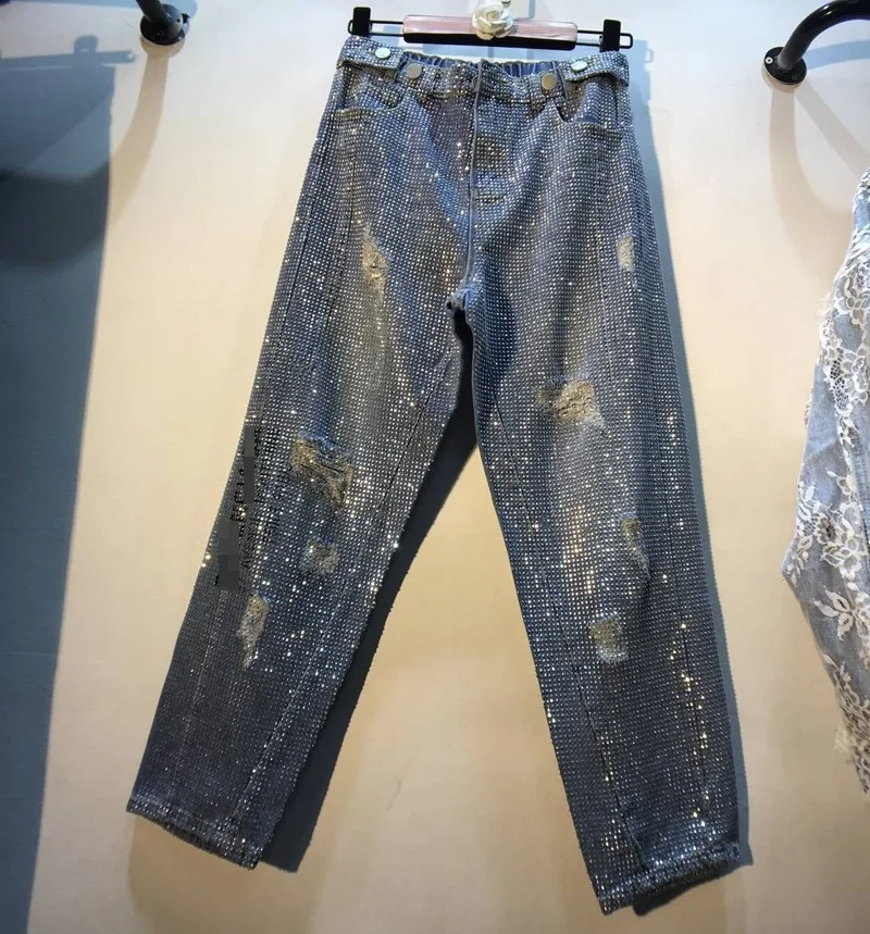 

2019 Spring European New Heavy Hot Drill Jeans Women High Waist Wash Denim Pants Ladies High Street Jeans Pants