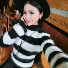 Женский норковый кашемировый пуловер, свитера в черно-белую полоску, водолазка, пальто