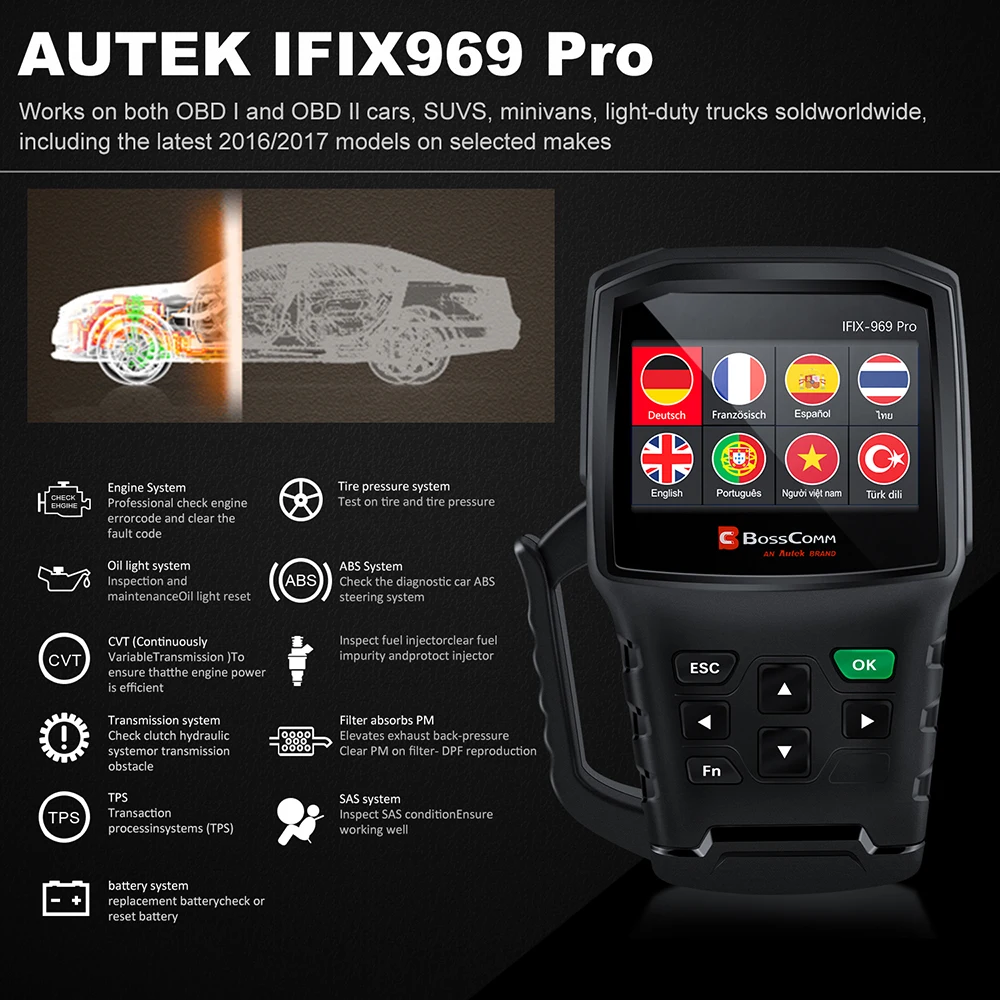 Autek IFIX969 Pro OBD2 автомобильный сканер автомобильный диагностический инструмент проверка двигателя ABS подушка безопасности SAS SRS DPF TPMS IMMO код ридер ODB2